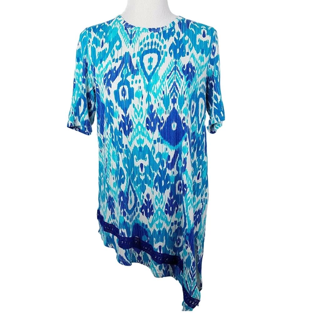 Chicos Top Asymmetrical Crochet-Hem Ikat Tunic Turquoise Blue Size 1 Medium